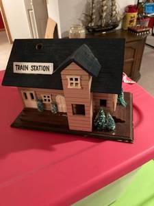 lot 3199 image: 10 inch wooden train station needs parts glued back on