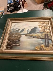 lot 3215 image: 27 x 23 inch painting, mountains and water