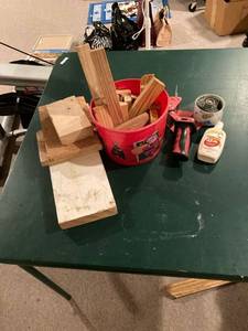 lot 3221 image: Bucket of wood pieces, bigger pieces of wood, tape gun