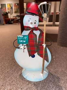 lot 4052 image: snowman holding rake and let it snow sign, christmas decoration