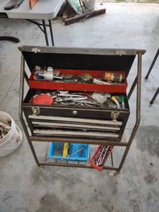lot 1193 image: TV stand with toolbox and contents tools