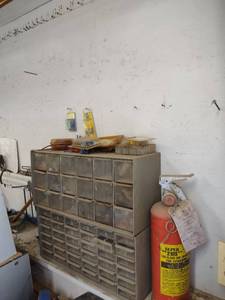 lot 1267 image: everything on the first shelf and wall behind the bench up to the other shelf