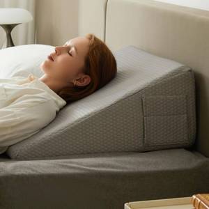 lot 20018 image: Bedluxe Wedge Pillow for Sleeping, 8 inch Elevated Support Bed Wedge Pillow, Breathable Triangle Pillow Wedge with Cooling Memory Foam Top - Removable Washable Cover, Grey