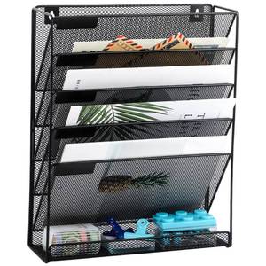 lot 20026 image: EASEPRES Desk File Organizer Mesh 5-Tier, Hanging Wall Mount Document Organization Stand, Desktop Vertical Mail Paper Folder Holder Rack with Bottom Tray for Office Home Cubicle Countertop, Black