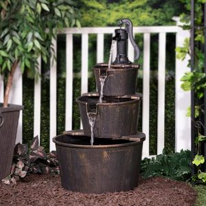 lot 20071 image: Alpine Corporation Waterfall Fountain, Rustic Pump and Barrel, 40 inch, Brown(PUMP POWERS ON)