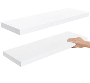 lot 20097 image: Amada HOMEFURNISHING Floating Shelves Large, 24 x 7 Inch Wall Shelves for Bathroom, Bedroom, Kitchen, Shelves for Wall Decor Set of 2, White - AMFS06