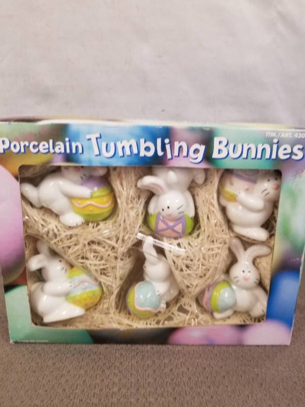 lot 89735 image: 6 Porcelain Tumbling Bunny Rabbits With Easter Eggs