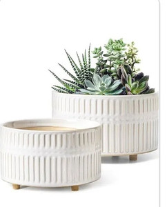 lot 24025 image: LE TAUCI Succulent Pots, 6.58 Inch Ceramic Indoor Plant Pot with Drainage Hole, Modern Round Decorative Flower Pot, Set of 2, Reactive Glaze White