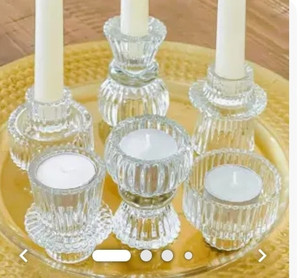 lot 24068 image: Kate Aspen Dual Sided Vintage Ribbed Glass Clear Candlestick Holders, Pillar Candle, Reversible Tealight & Votive Candle Holders (Set of 6, 3 Sizes), Dining Table Decor, Shelf Decor, Centerpiece
