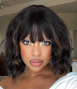 lot 24097 image: Short Bob Wig with Bangs for Women Wavy Wig Synthetic Wigs with Bangs Curly Wavy Wig for Girls Daily Use (Black Mixed Brown)