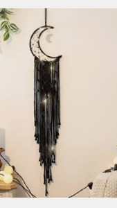 lot 24105 image: Black Macrame Moon Dream Catcher, Witchy Crescent Phase Woven Wall Hanging with Ligth, Handmade Gothic Bohemian Nursery Decor with Star Decoration for Home Bedroom, for Girl Kids