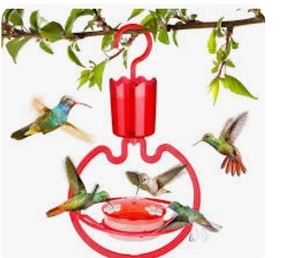 lot 24114 image: ORIENTOOLS Hummingbird Feeders for Outdoors Hanging 3.5oz Plastic Humming Birds Feeders with Ant Moat friendly to nature and Wild Birds with 3 Flower Portholes for Garden Yard, Bright Red