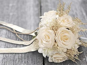 lot 24119 image: Artificial Plant, 1 Champagne White Rose Bridal Bouquet, 8.6 x 10.2 x 8.6 inches, Wedding Bouquets for Bride, Bridesmaid Bouquets with Silk Ribbon, Decoration