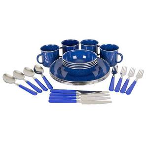 lot 23431 image: Stansport 24 Piece Enamel Camping Tableware Set 11220 Hiking Backpacking - Retail $120.46