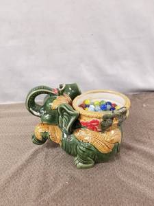 lot 23461 image: Large Ceramic Majolica Elephant Planter Trunk Up Green Pottery