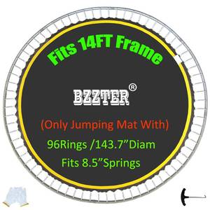 lot 1953 image: Bzzter Replacement Trampoline Mat,Fits 14ft Round Frame,with 96 Rings& 143.7 Inch Diameter, Fits 8.5 Springs,10 Rows of Stitching for Longer Lasting,wPull Hook and Gloves,14ft Trampoline Mat - Retail $106.16