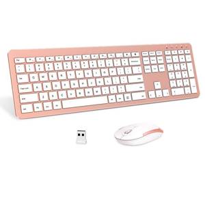 lot 5707 image: Wireless Keyboard and Mouse Combo - Full Size Slim Thin Wireless Keyboard Mouse with Numeric Keypad 2.4G Stable Connection Adjustable DPI - Rose Gold & White