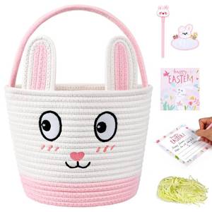 lot 5708 image: Easter Bunny Basket for Kids - Pink Woven Personalized Baskets for Girls, Large & Foldable for Egg Hunt, Includes Easter Card, Name Tag & Pen, Candy, Gifts Storage Bucket for Boys Toddler & Baby