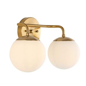 lot 7844 image: JONATHAN Y JYL3535A Louis Parisian Globe 15 2-Light MetalFrosted Glass Modern Contemporary LED Vanity Midcentury Glam 2700K LED 4W Bulbs Entryway Lobby Kitchen Bathroom Bedroom Hallway, Brass Gold - Retail $81.19