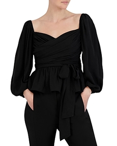 lot 8183 image: BCBGMAXAZRIA BLACK Women s Jacquard Ruched Balloon-Sleeve Top US Small - Retail $198