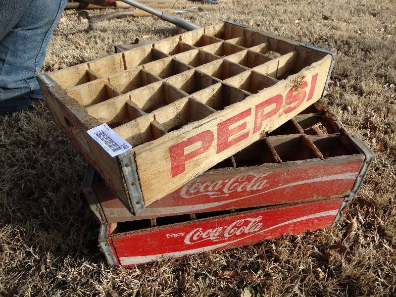 lot 140 image: 2 wood Coca-Cola bottle crates & wood Pepsi bottle crate