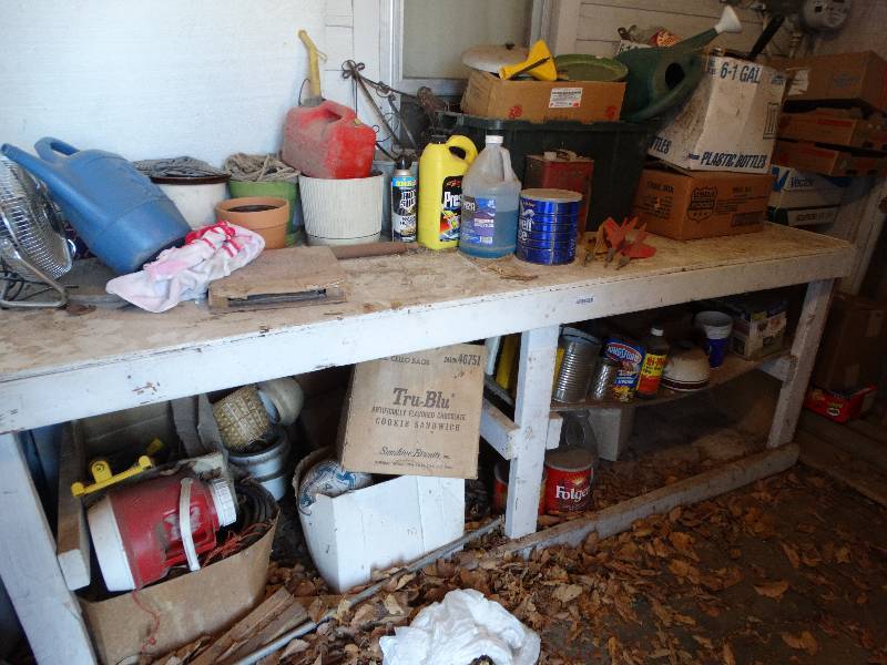 lot 157 image: Wood work bench w contents