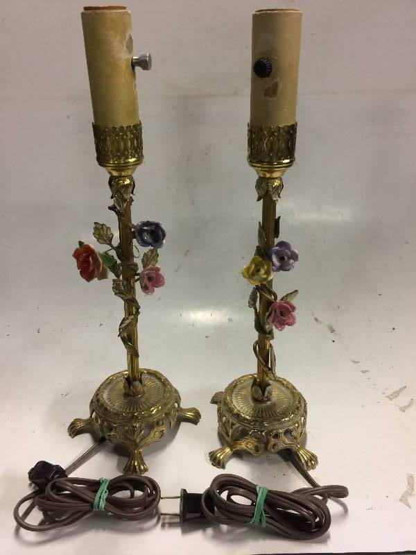 lot 5479 image: Pair Vintage Cast Lamps with Porcelain Flowers.