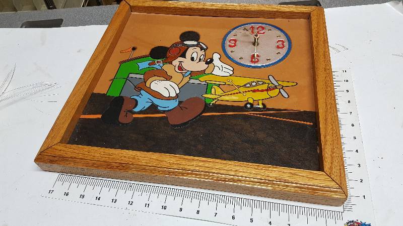 lot 5280 image: Cool 18 X 18 square Mickey Mouse framed display with battery powered clock movement in the corner.
