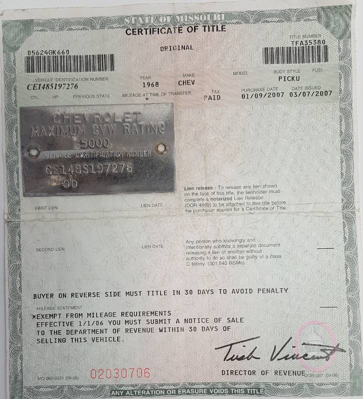 lot 5255 image: 1968 Chevrolet Pickup Truck title and metal tag.  Look real close as this is how youll get it.  Selling it as a collectable title