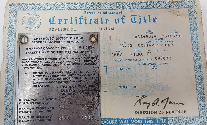 lot 5256 image: 1972 Chevrolet Pickup Truck title and metal tag.  Look real close as this is how youll get it.  Selling it as a collectable title