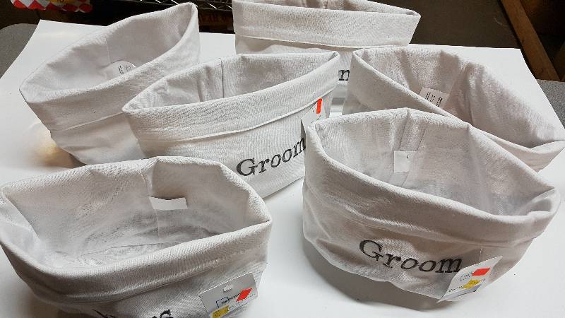 lot 5254 image: New by Mainstays Designs are these 6 individual casual canvas decoration baskets for the newly weds or party