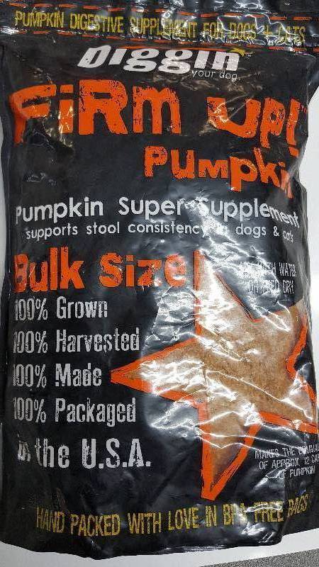 lot 5258 image: New unopened bag of Diggin Your Dog Firm Up Pumpkin Supplement