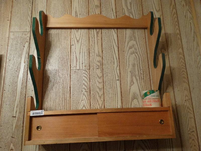 lot 470 image: Wall mount gun rack w duck calls misc.
