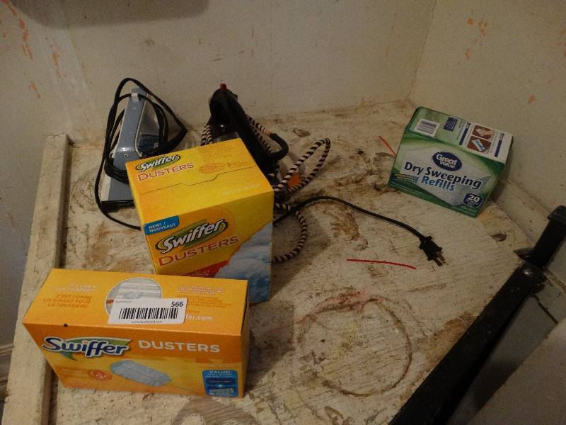 lot 566 image: Lg lot of various cleaning supplies & 2 irons