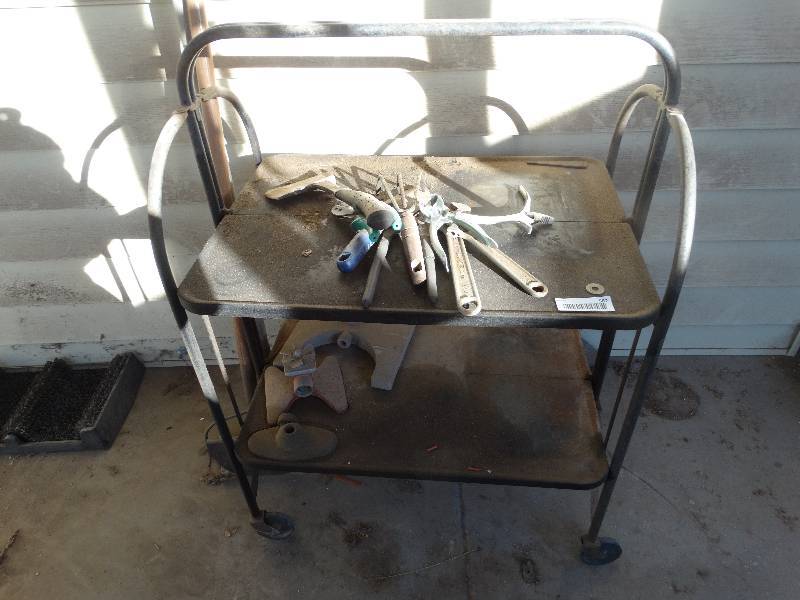 lot 582 image: Metal cart w hand & yard tools & boot scraper