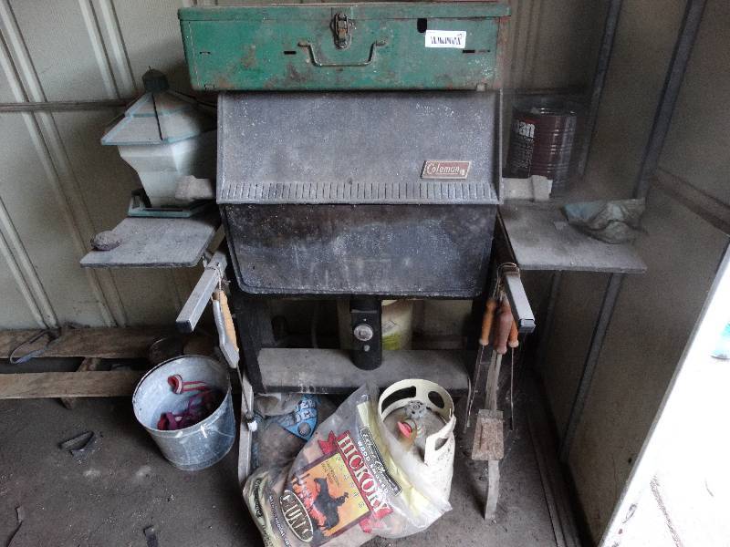 lot 602 image: Portable grill propane grill propane tanks wood chips misc.