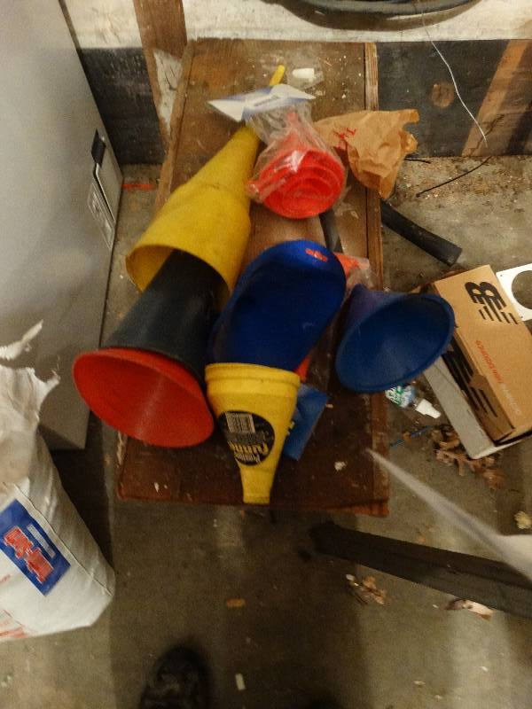 lot 681 image: Assorted funnels & wood bench