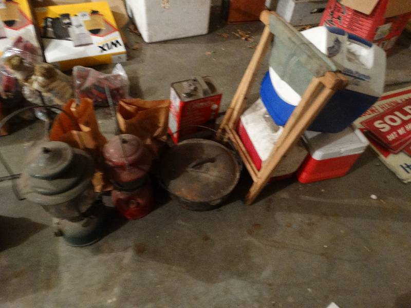 lot 709 image: Camping lot- 2 lanterns- 2 new globes- 3 small coolers- cast iron pot wlid