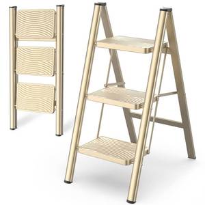 lot 1367 image: HBTower Step Ladder 3 Step Folding,Small Step Stool for Adults,Closet Step Stool Lightweight Kitchen Ladder 3 Step Ladder with Anti-Slip Wide Pedals, Gold