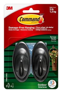 lot 6065 image: Command Outdoor Medium Terrace Hooks, Black, 3 lb Capacity, Water-Resistant Strips, 2-Hooks, 4-Strips, Decorate Damage-Free