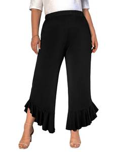 lot 6101 image: WDIRARA Womens Plus Size Elastic Waist Ruffle Hem Flare Bell Bottom Pants Black 3XL