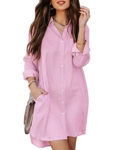 lot 6110 image: Aoudery Womens Button Down Shirt Dresses with Pockets Cotton Shirts Collared Tunics Long Sleeve High Low Blouse Tops-Pink XXL