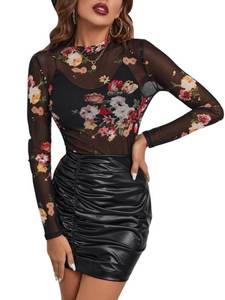lot 6114 image: Floerns Womens Star Mesh See Through Mock Neck Long Sleeve Tops Tee T-Shirt Black Sheer Flower L