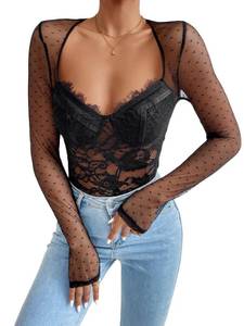 lot 6120 image: WDIRARA Womens Polka Dots Lace Mesh Sweetheart Neck Long Sleeve Skinny Bodysuit Black M