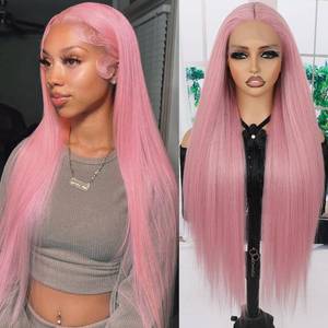 lot 6132 image: Maycaur 30 Inch Pink Hair Synthetic Lace Front Wigs with Baby Hair Light Yaki Glueless HD Lace Wigs Natural Hairline Pre-Plucked Long Straight Wigs for Black Women