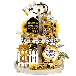 lot 6136 image: 20 Pcs Summer Honey Bee Tiered Tray Decor Set Bee Wooden Signs Gnome Yellow Truck Honey Table Top Decor Spring Summer Farmhouse Tabletop Signs for Party Home Kitchen Table Holiday