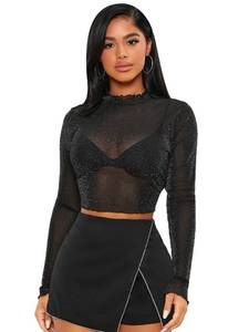 lot 6137 image: GORGLITTER Womens Mock Neck Glitter Tee Crop Top Long Sleeve Sheer Lettuce Trim T Shirt Black Medium