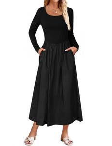 lot 6139 image: MEROKEETY Womens 2024 Long Sleeve Scoop Neck Dress Casual Loose A line Midi Dresses with Pockets, Black, XL