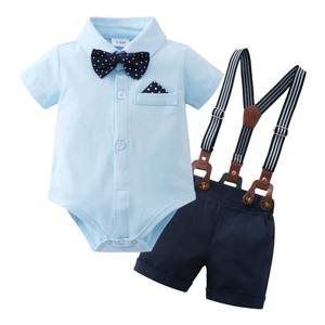 lot 6140 image: YUEMION Infant Baby Boy Clothes Gentleman Outfits Suits Summer Short Sleeve Bowtie Bodysuit Shirts  Suspender Shorts(Blue,9-12M)