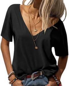 lot 6145 image: Eachyes Womens Deep V Neck T Shirts Casual Short Sleeve Loose Fit Basic Fashion Tee Tops Black Medium